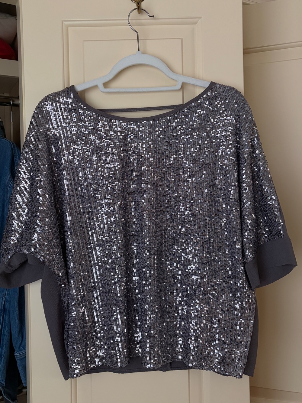 She + Sky Silver Sequin Short-Sleeve Top